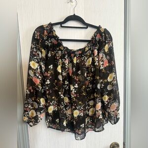 iJeans by Buffalo Floral Peasant Blouse – Black Sheer Long Sleeve Top - Large